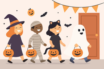 Flat vector of children in costumes walking door-to-door with candy buckets and smiling faces