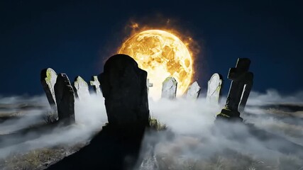 gothic cemetery with crosses and tombstones in the fog against a glowing moon - Powered by Adobe