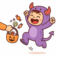Vector of child in monster costume jumping with joy after receiving candy from neighbor