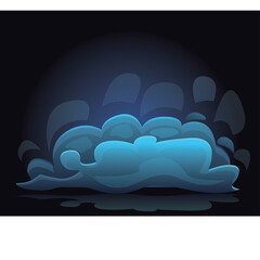 Blue smoke cloud with glowing neon light effect and pixel art style on black background
