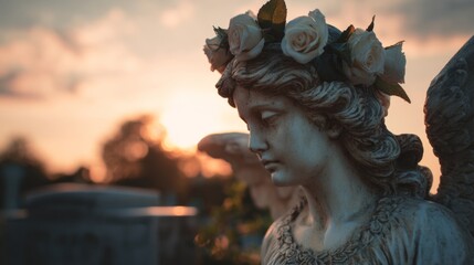 plaster figure of an angel with a crown in a cemetery