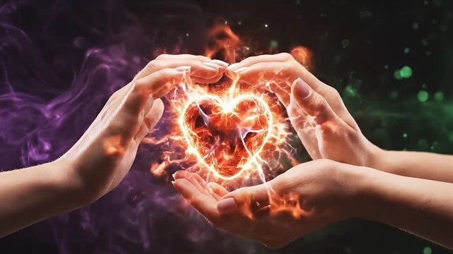 two hands creating a glowing fire heart from magic in purple and green mist