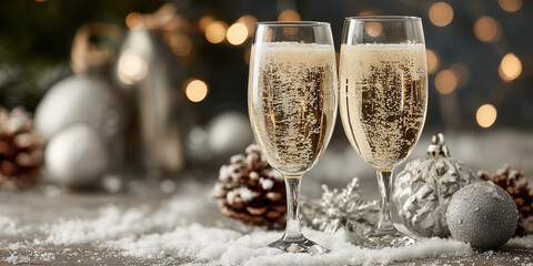 Two glasses of champagne on the New Year's table
