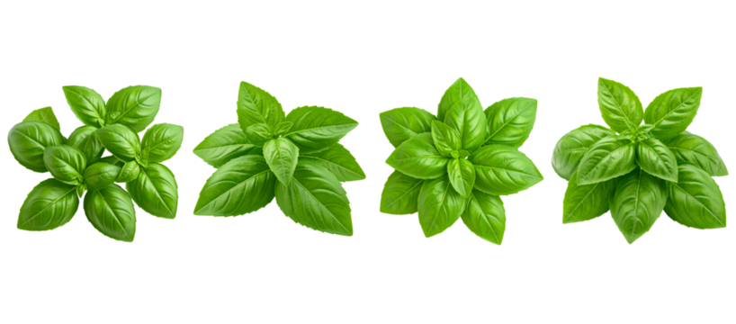 Four fresh basil bunches, with green leaves, cut out, clipart, isolated on a transparent background.