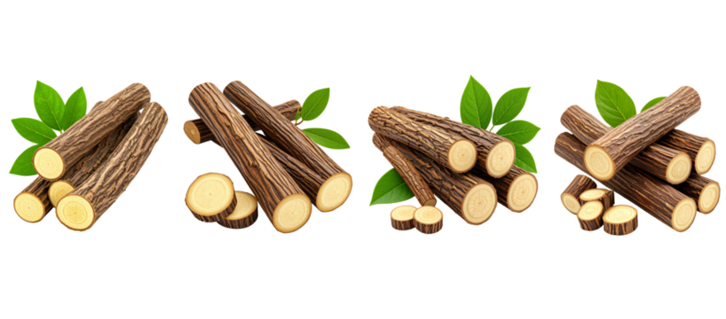Several stacks of cut logs with green leaves, rendered, clipart, isolated on a transparent background.