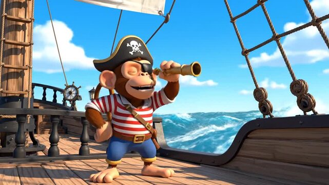 cartoon monkey pirate looks through spyglass on ship deck