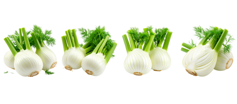 Several white bulbous vegetables with green stalks and feathery leaves, clipart, isolated on a transparent background.