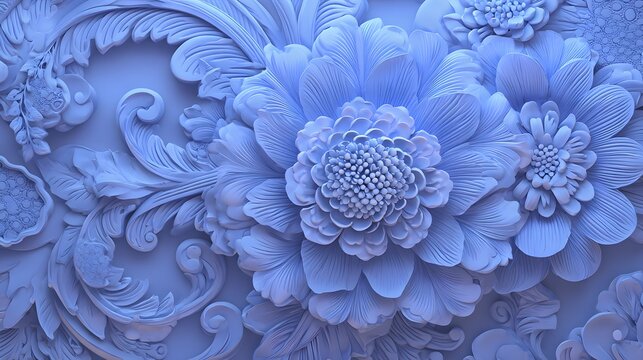 Intricate floral design rendered in monochromatic three dimensional relief carving