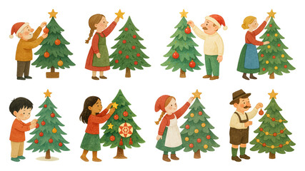 Fototapeta premium PNG Children decorating Christmas trees joyfully, element set on transparent background