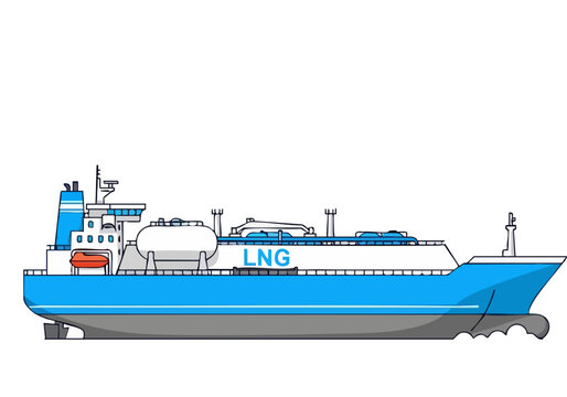 A stylized illustration of an LNG carrier, "Tech Sea Open", showcases modern maritime transport. Clean lines and a vibrant blue color create a visually appealing and commercially viable graphic.