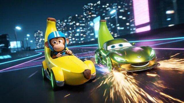 cartoon monkey banana race car driver on futuristic track