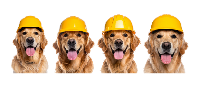 Four golden retrievers with yellow construction hats, smiling, isolated on a transparent background.