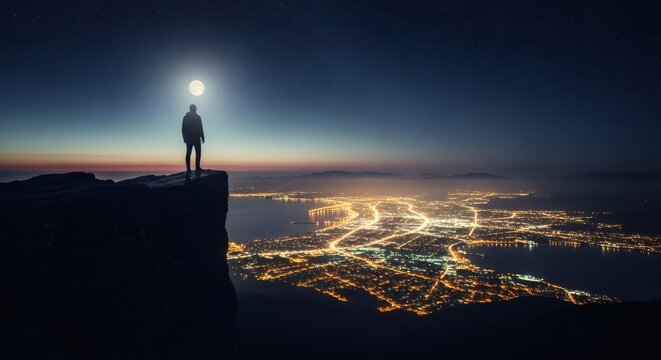 Man standing on cliff above city lights at night, full moon and stars visible in sky. Spiritual journey or discovery, science fiction concept.