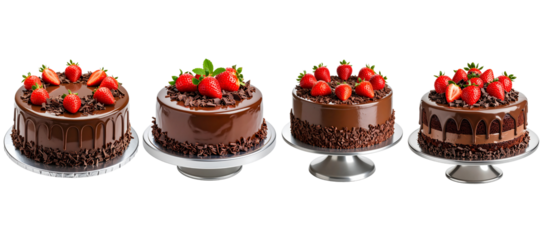 Four chocolate cakes with strawberries and dark frosting on display stands isolated on a transparent background.