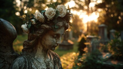 Obraz premium plaster figure of an angel with a crown in a cemetery