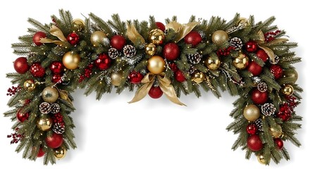 A lush, arching Christmas garland of pine needles, richly decorated with glistening red and gold ornaments, pinecones, red berries, and sparkling gold ribbon bows on a white background.