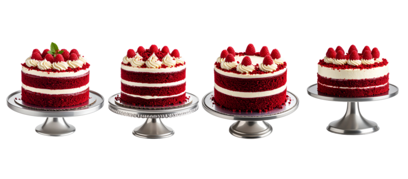 Four round red velvet cakes with white frosting and raspberries on silver pedestals isolated on a transparent background.