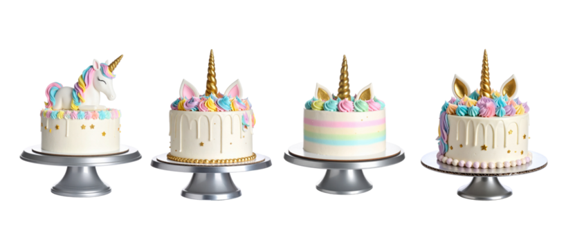 Four whimsical cakes, each with unicorn decorations on silver stands, isolated on a transparent background. - Powered by Adobe