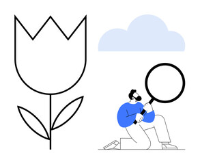 Kneeling man holding magnifying glass inspects flower outline beside cloud in minimal style. Ideal for exploration, research, nature study, science, curiosity, analysis, simple flat metaphor