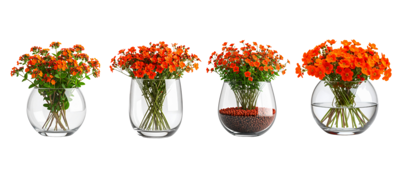 Four glass vases with vibrant orange flowers and greenery, varying water and gravel levels isolated on a transparent background.