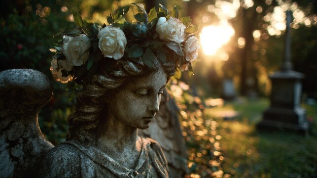 plaster figure of an angel with a crown in a cemetery