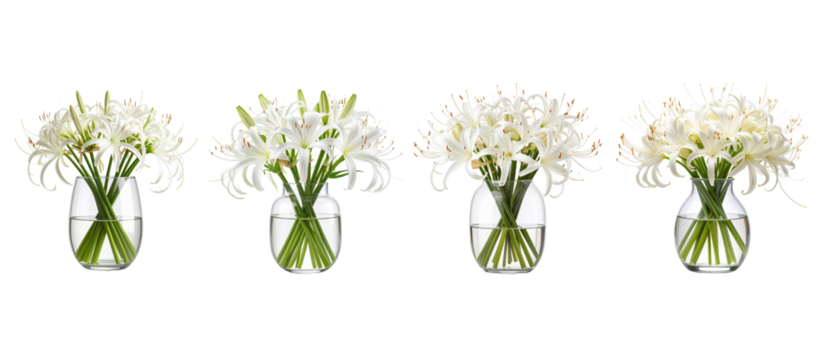Four glass vases, each holding a bouquet of white flowers with green stems, isolated on a transparent background.