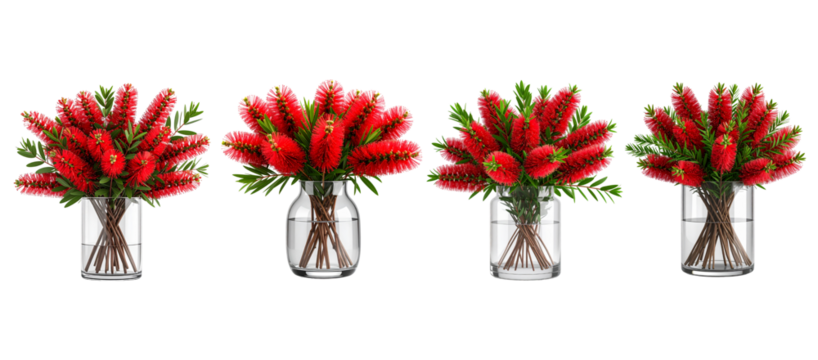 Four vases displaying bouquets of vibrant red flowers with green foliage, set isolated on a transparent background.