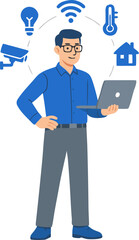 Smart home automation expert with laptop connecting devices remotely and managing systems efficiently