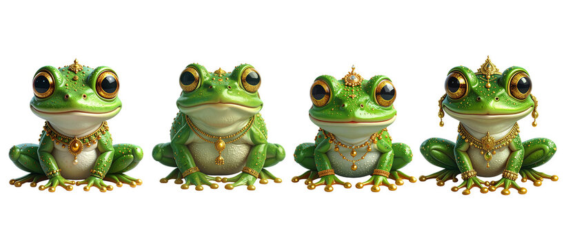 Four jewel-adorned green frogs sit in a row, facing forward, with crowns and necklaces isolated on a transparent background.