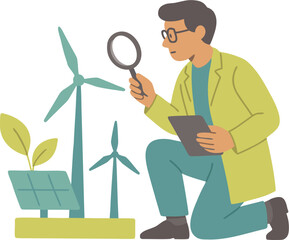 Innovative engineer inspecting renewable energy sources for sustainable future with wind turbines