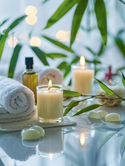 Scented candles with rolled towels, bamboo leaves, and essential oils, soft zen spa background.