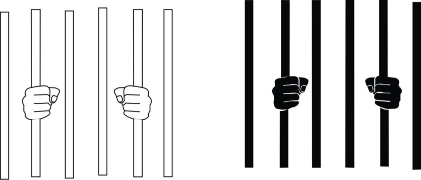 human hands behind bars vector illustration.outline silhouette Hands holding prison bars icon set isolated on white background