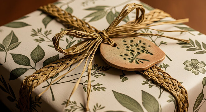 Thoughtful eco-friendly gift box natural leaf pattern wrapping paper raffia ribbon and ceramic tag