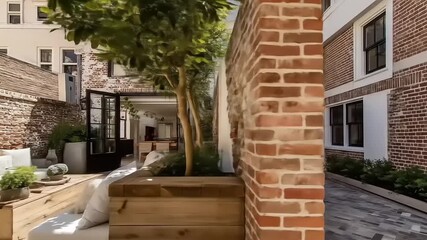 A charming courtyard with a stylish outdoor seating area, surrounded by historic brick walls. - Powered by Adobe