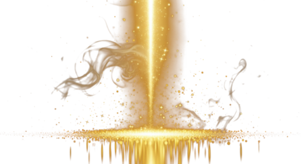 Golden amber glitter beam shining downward, soft smoke swirl and luminous sparkles, premium light reflection, luxury product advertising backdrop clean PNG