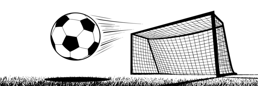 Vector Soccer Ball Kicking Toward Goal Net on Grass in Dynamic Black and Transparent Line Art Illustration for Sports Design - Powered by Adobe