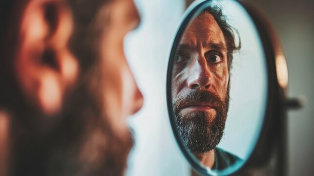 Man examines reflection, indoor, self-reflection, morning routine, pensive mood, website banner