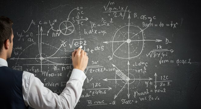 Man solves complex mathematical equations on a chalkboard exploring science education and problem solving in a modern classroom setting