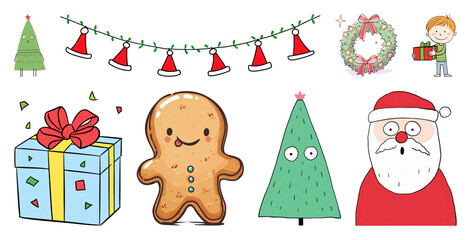 Obraz premium PNG Festive Christmas cartoon illustrations, element set on transparent background