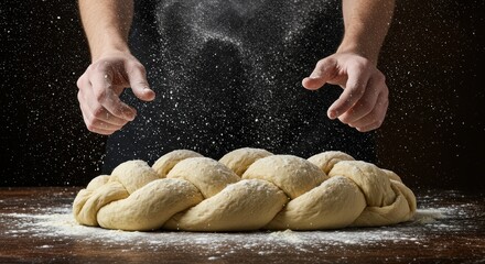Baking challah bread with traditional recipe flour dusting adds texture to freshly braided loaf for authentic kitchen concept