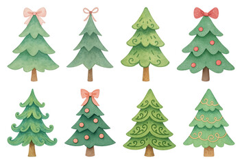 PNG Whimsical watercolor Christmas trees, element set on transparent background