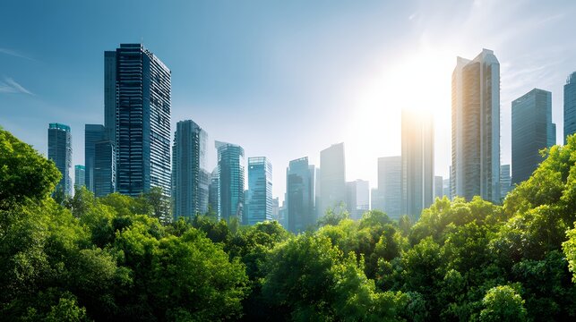 Modern high-rise buildings rise above a dense canopy of vibrant green trees under a bright sun.