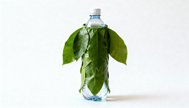 A plastic bottle wearing a green leaf costume, studio lighting, satirical commentary on fake sustainability