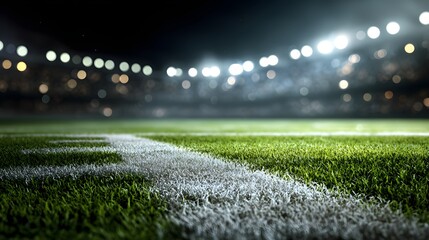 Illuminated stadium field shows detailed green turf and boundary line under bright lights