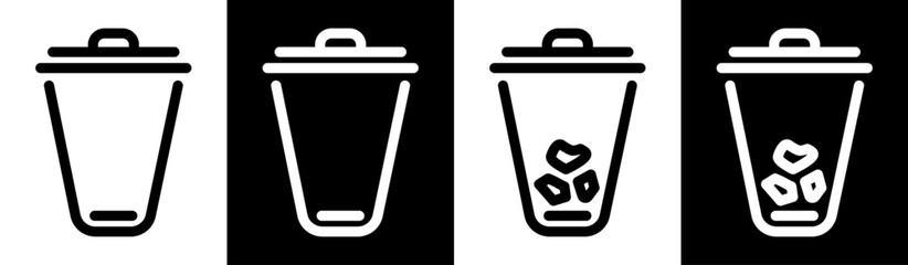 Trash bin icons showing an empty and a full garbage container. Simple outline vector illustration for waste sorting, recycling and cleanliness design projects.