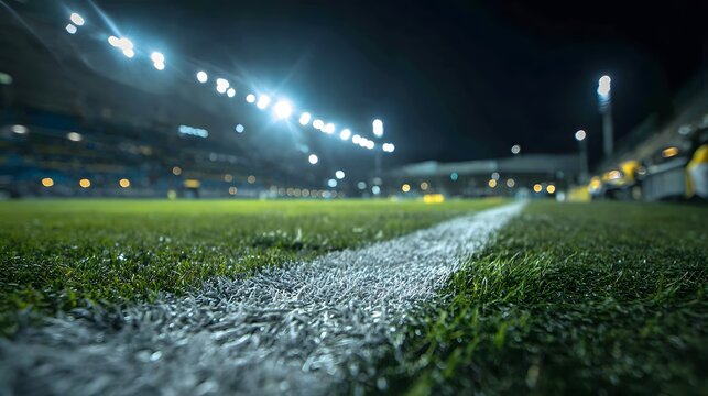 Bright stadium floodlights illuminate a grassy sports field sideline at night