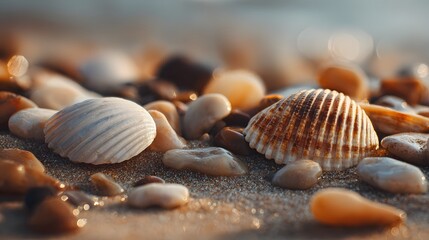 Close up view reveals intricate textures of seashells resting on wet sand among smooth pebbles