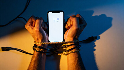 human hands tied with charging cables, holding a glowing smartphone, modern slavery metaphor 