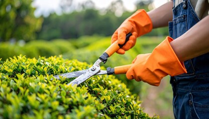 Gardener trimming a hedge with shears maintaining a landscaped garden outdoors