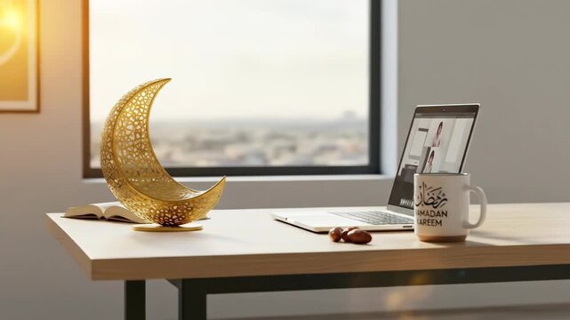 A desk setup features a crescent ornament, book, laptop with video call, mug and dates
